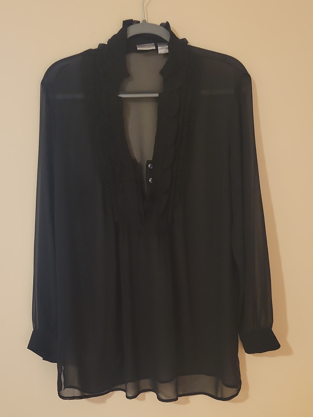 #80 (Bundle 5 For $35) Black Ruffled Sheer Split-Neck Womens Blouse